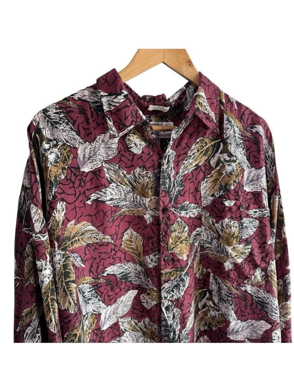 Vintage 100% Silk Mens Dress Shirt XL Maroon Floral Button Front Vintage Fall